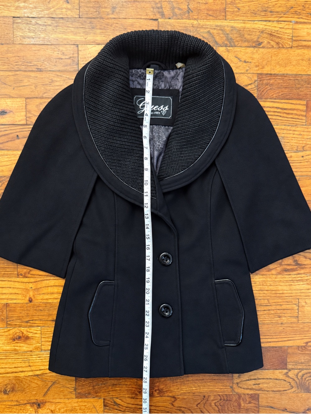 GUESS Black Wool Blend Cape Jacket Ribbed Shawl Collar Piping Women's Size S - Picture 9 of 15